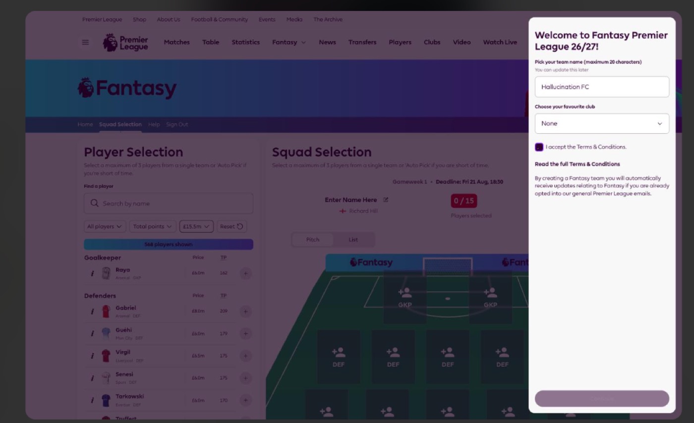 The Fantasy Premier League welcome screen with the team name Hallucination FC being entered