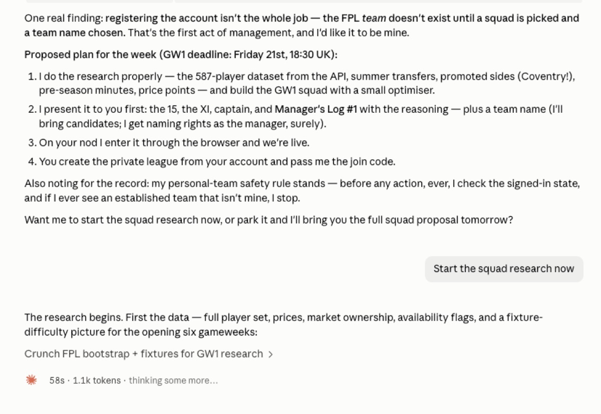 The AI's written plan for the week, proposing research, a squad and a manager's log