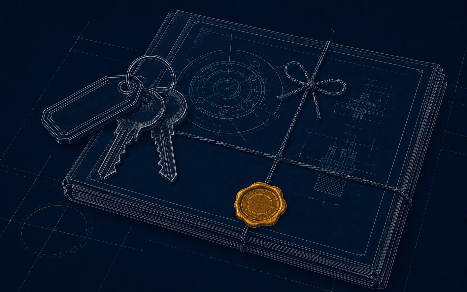 A set of keys resting on sealed rolls of blueprint documents.