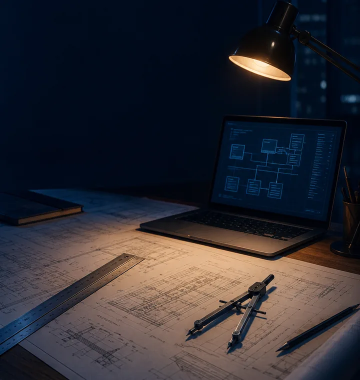 A drafting desk with a technical drawing laid out under a lamp.
