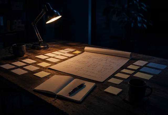 People gathered around a table working through documents and notes.