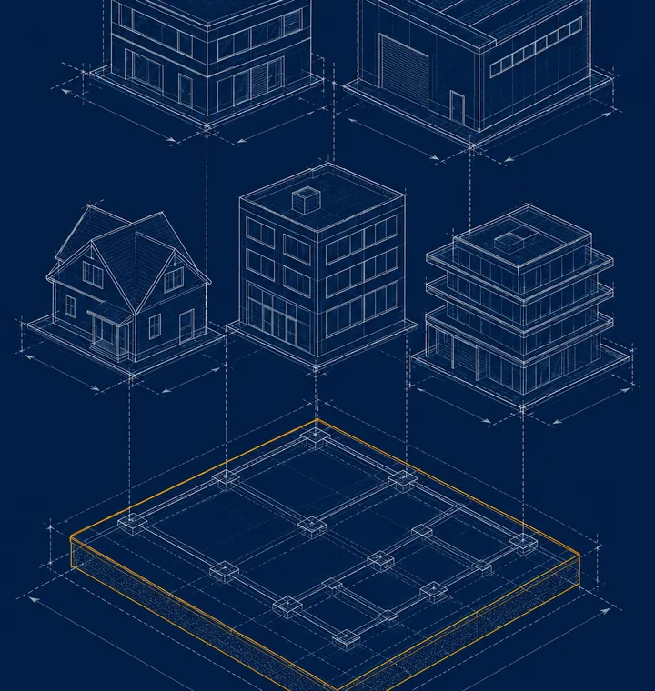 A master blueprint held up, with detail drawings derived from it.