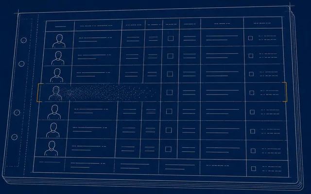 Blueprint ledger illustration: one person's record dissolving while the surrounding ledger rows remain intact