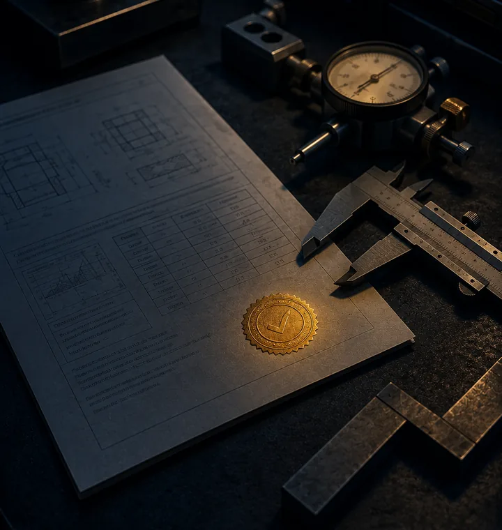 An engineer's inspection bench: a certified report with an embossed seal beside precision measuring instruments